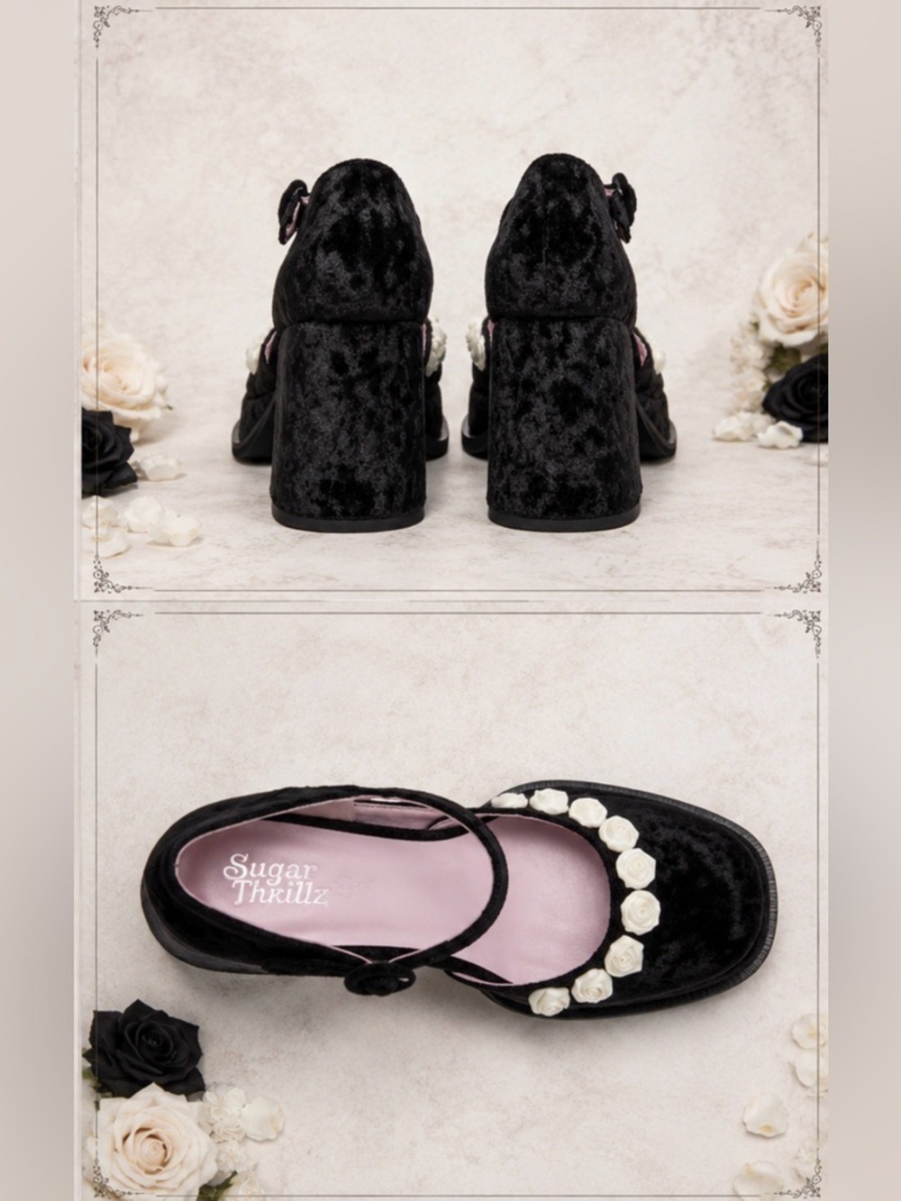 Sugar Thrillz Black Velvet Rose Platform Mary Janes - Picture 5 of 16